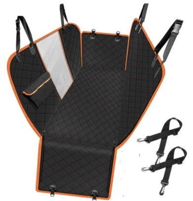Dog car seat cover with view mesh, pet carrier hammock, safety protector, rear back seat mat featuring a zipper and pocket, perfect for travel.
