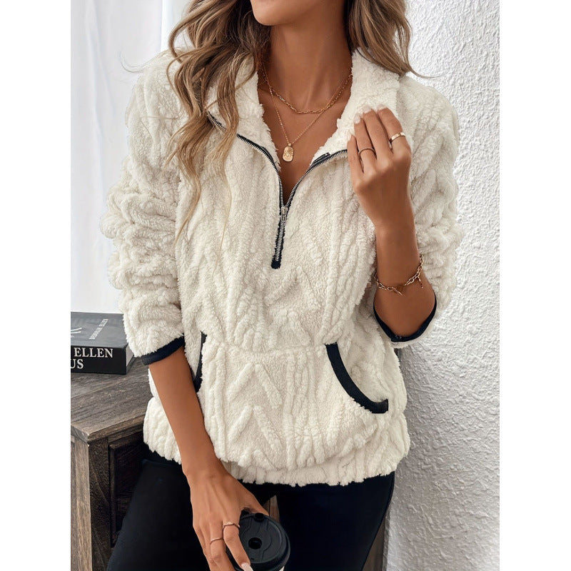 Contrast Color Half-Open Collar Plush Women's Sweater