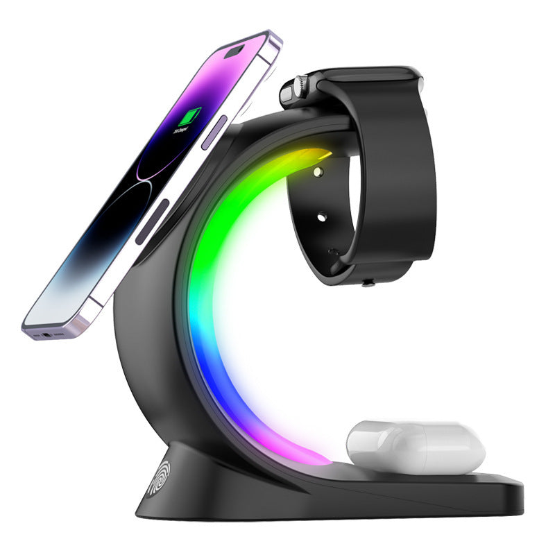 4-in-1 Magnetic Wireless Charger with Fast Charging for Smartphones, Atmosphere Light Charging Station for AirPods Pro, iPhone, and Apple Watch.
