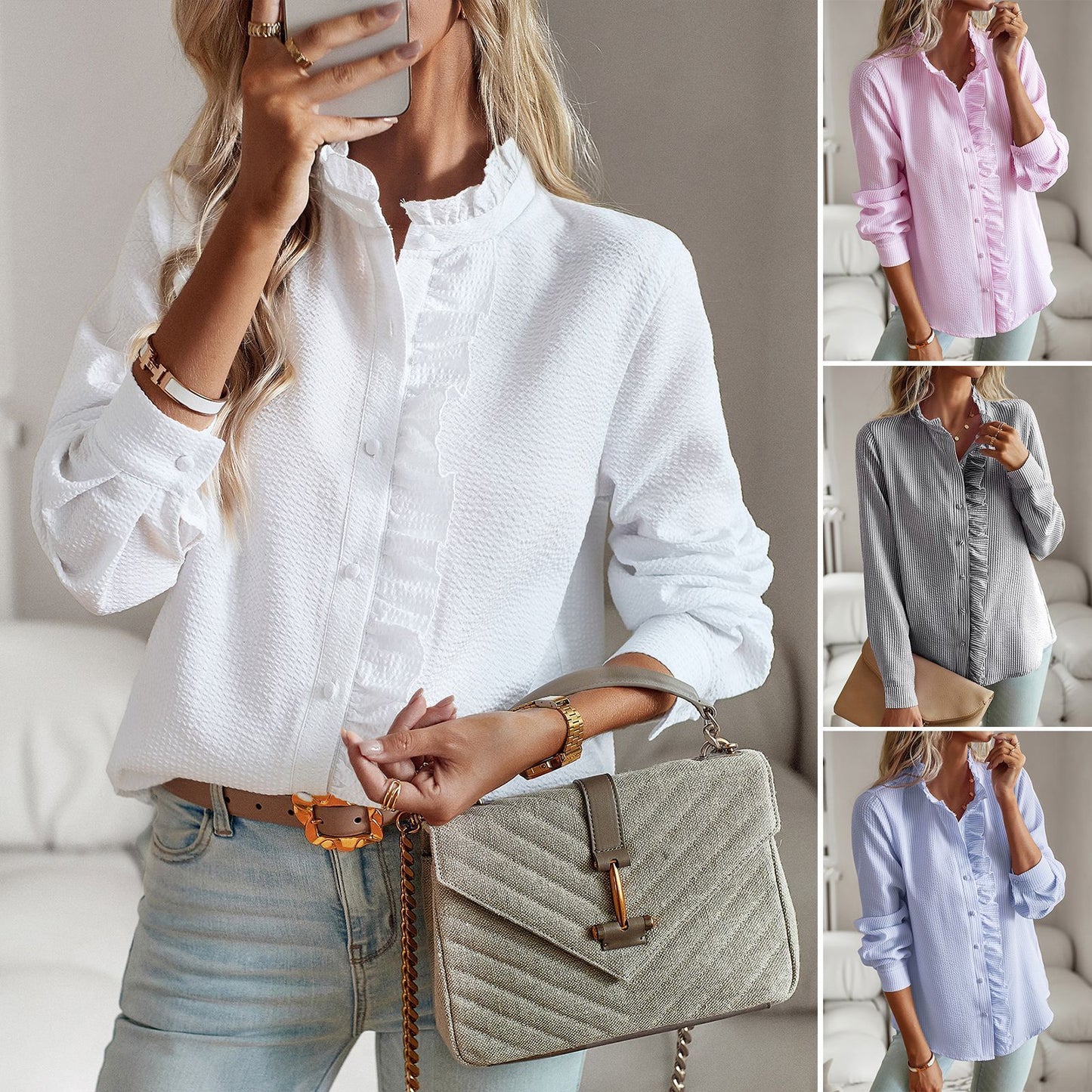 Striped long sleeve shirt with a fashionable ruffle design, button-up style, perfect as a casual office blouse. This elegant and versatile top is ideal for commuting and adds a touch of sophistication to women's clothing.