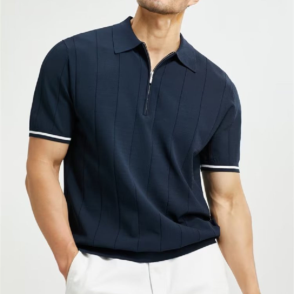 Fashion short-sleeved polo shirt with a summer lapel and zipper design, perfect as a stylish T-shirt top for men's clothing.