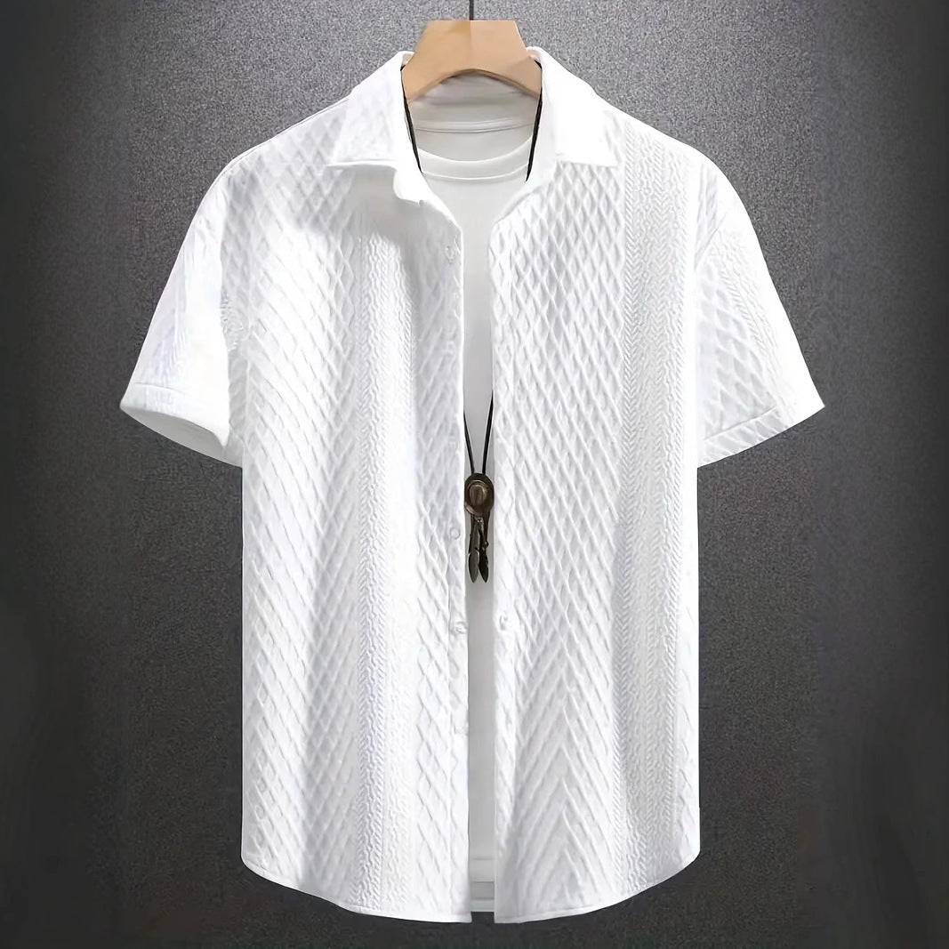 Men's Solid Color Short-Sleeve Knitted Shirt with a Turned-Over Collar