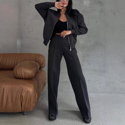 Women's Sports Suit with Zipper Jacket and Wide-Leg Pants Two-Piece Set