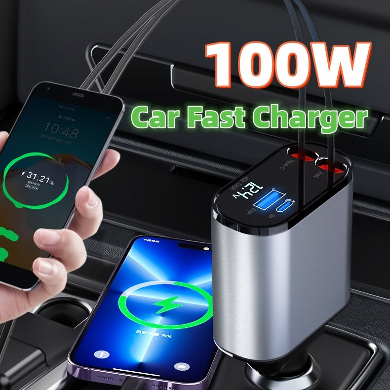 Metal Car Charger 100W Super-Fast Charging Car Cigarette Lighter USB And TYPE-C Adapter