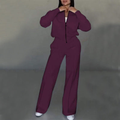 Women's Sports Suit with Zipper Jacket and Wide-Leg Pants Two-Piece Set