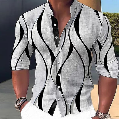 Summer New Plus Size Men's Casual Slim-Fit Fashion 3D Printed Long-Sleeve Shirt