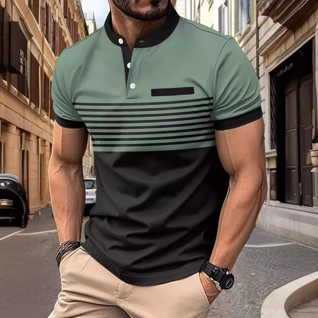 Multicolor Printed Striped Stand Collar Men's Top