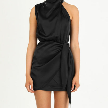 Elegant halter neck sleeveless dress with a waist-tied design, perfect for fashionable short dress styles. For Evening Party Clothing Women