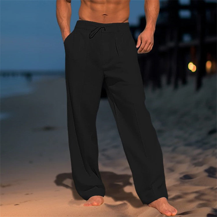 Casual Wide-leg straight pants with pockets, stylish drawstring trousers for men. Clothing