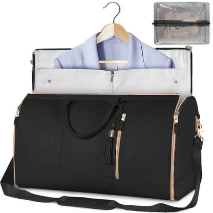 Large capacity travel duffle bag for women, featuring a folding suit bag design, waterproof material, and versatile use as a clothes tote or handbag.