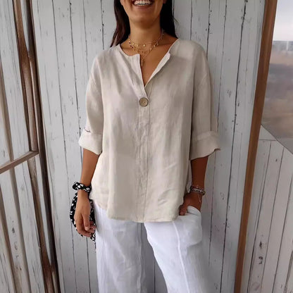 V-neck long-sleeved T-shirt, fashionable loose-fit cotton and linen button-up top for women.