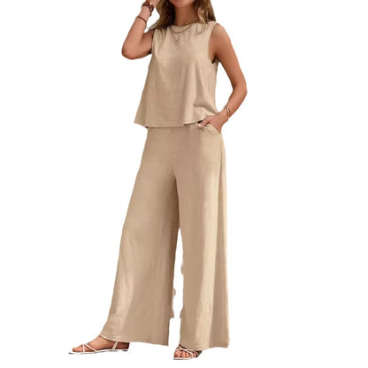 Solid Color Casual Loose Pants Sets for Women Elegant Spring Summer Women's Two Pieces Suit Full Trouser Set Female Outfit Clothes