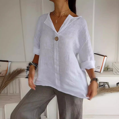 V-neck long-sleeved T-shirt, fashionable loose-fit cotton and linen button-up top for women.