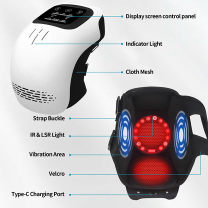 Electric Intelligent Knee Massager for Home Use, featuring kneading, heating, rechargeable pain relief, infrared laser, and vibration functions.