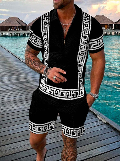 Men's Summer Fashion Set: 3D Printed Geometric Short Sleeve Zip Lapel Shirt.
