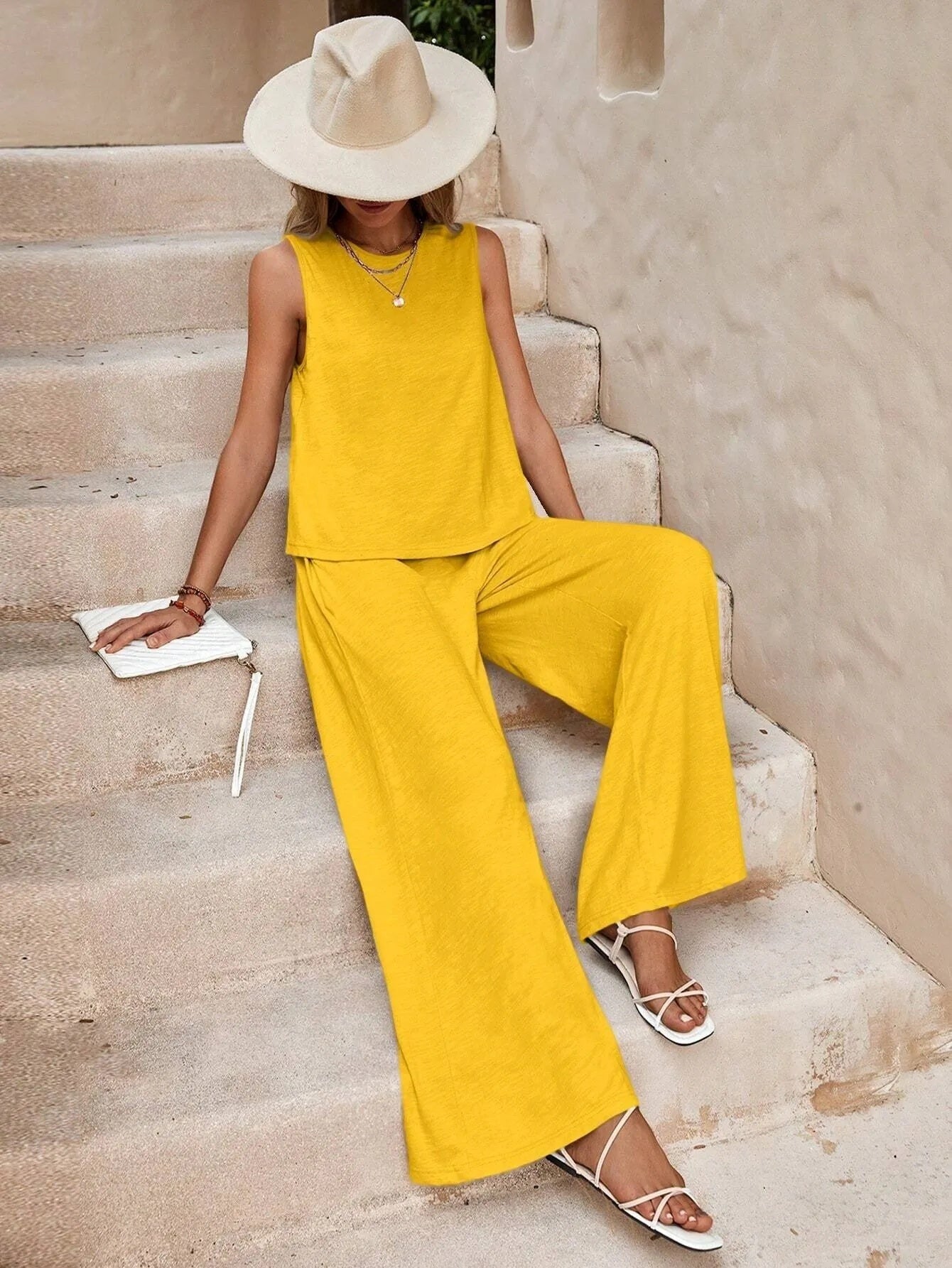 Solid Color Casual Loose Pants Sets for Women Elegant Spring Summer Women's Two Pieces Suit Full Trouser Set Female Outfit Clothes