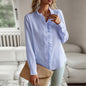 Striped long sleeve shirt with a fashionable ruffle design, button-up style, perfect as a casual office blouse. This elegant and versatile top is ideal for commuting and adds a touch of sophistication to women's clothing.