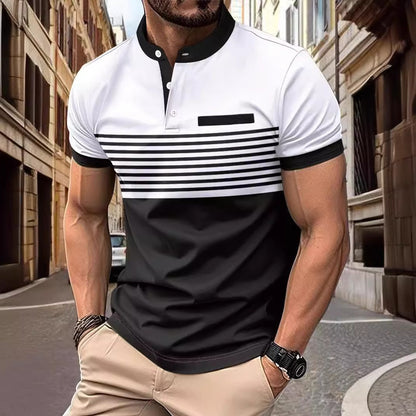 Multicolor Printed Striped Stand Collar Men's Top