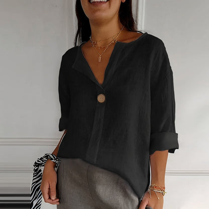 V-neck long-sleeved T-shirt, fashionable loose-fit cotton and linen button-up top for women.