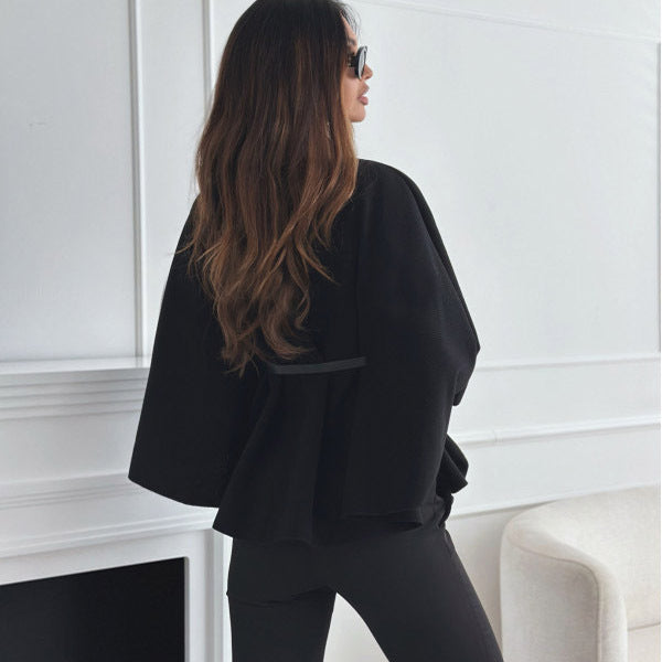 New Stand Collar Batwing Sleeves Cloak Top with Belt Ins Fashion Temperament Jacket Woolen Sweater Outwear for Women Clothing