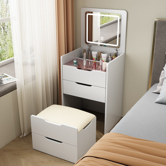 3 In 1 Vanity Desk with Plip Top Mirror, Small Make Up Vanity Set with Visible Glass Desktop, Compact