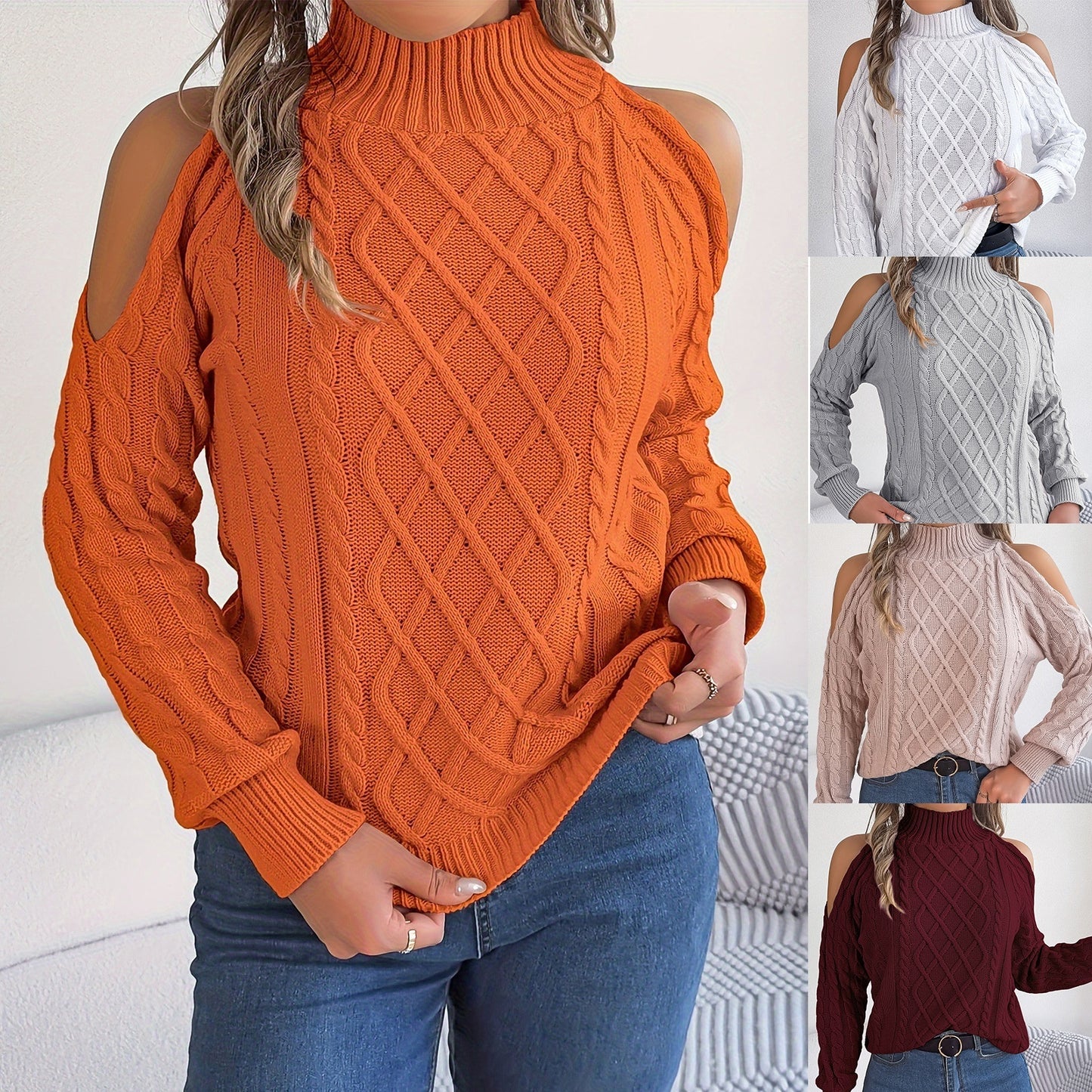 Casual twist strapless sweaters with a half-high collar and long sleeves for women's clothing.