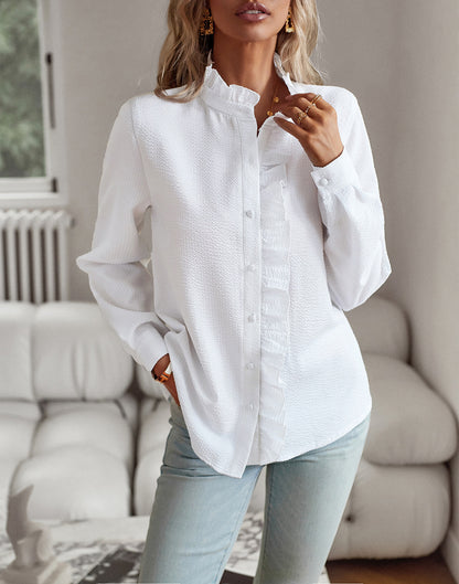 Striped long sleeve shirt with a fashionable ruffle design, button-up style, perfect as a casual office blouse. This elegant and versatile top is ideal for commuting and adds a touch of sophistication to women's clothing.
