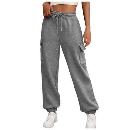 Women's fleece-lined sweatpants, baggy athletic joggers with pockets, perfect for fall. Casual and trendy cargo pants for stylish and comfortable autumn outfits.
