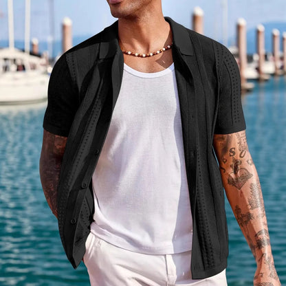 Men's Short-sleeved Knitted Cardigan, Solid Color, Breathable Design.
