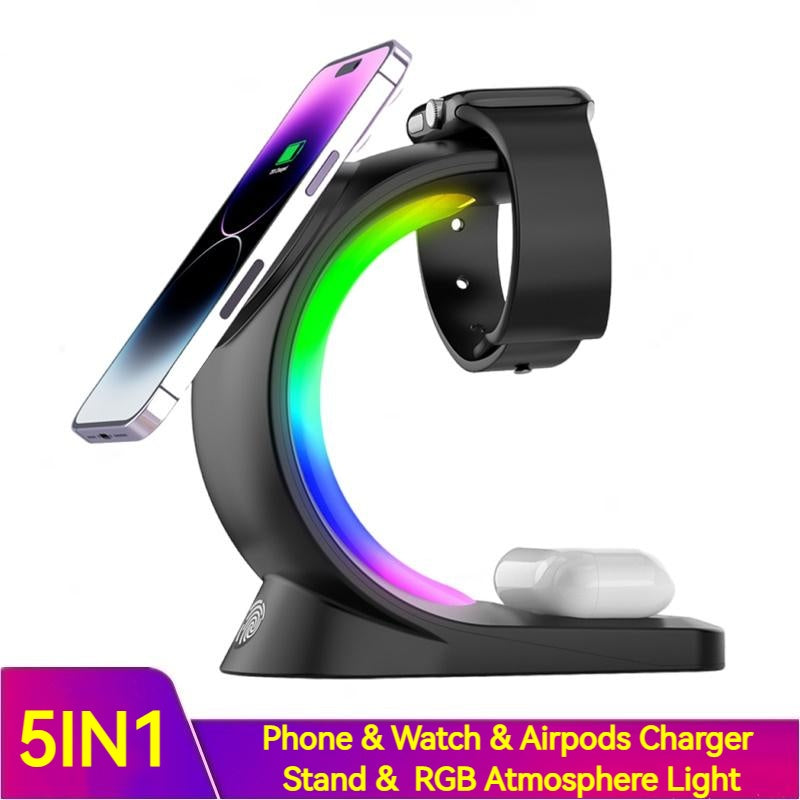 4-in-1 Magnetic Wireless Charger with Fast Charging for Smartphones, Atmosphere Light Charging Station for AirPods Pro, iPhone, and Apple Watch.