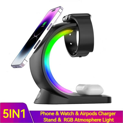 4-in-1 Magnetic Wireless Charger with Fast Charging for Smartphones, Atmosphere Light Charging Station for AirPods Pro, iPhone, and Apple Watch.