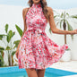 New Flowers Print Halter neck Dress Summer Fashion Temperament Lace-up Ruffled Dresses for Women