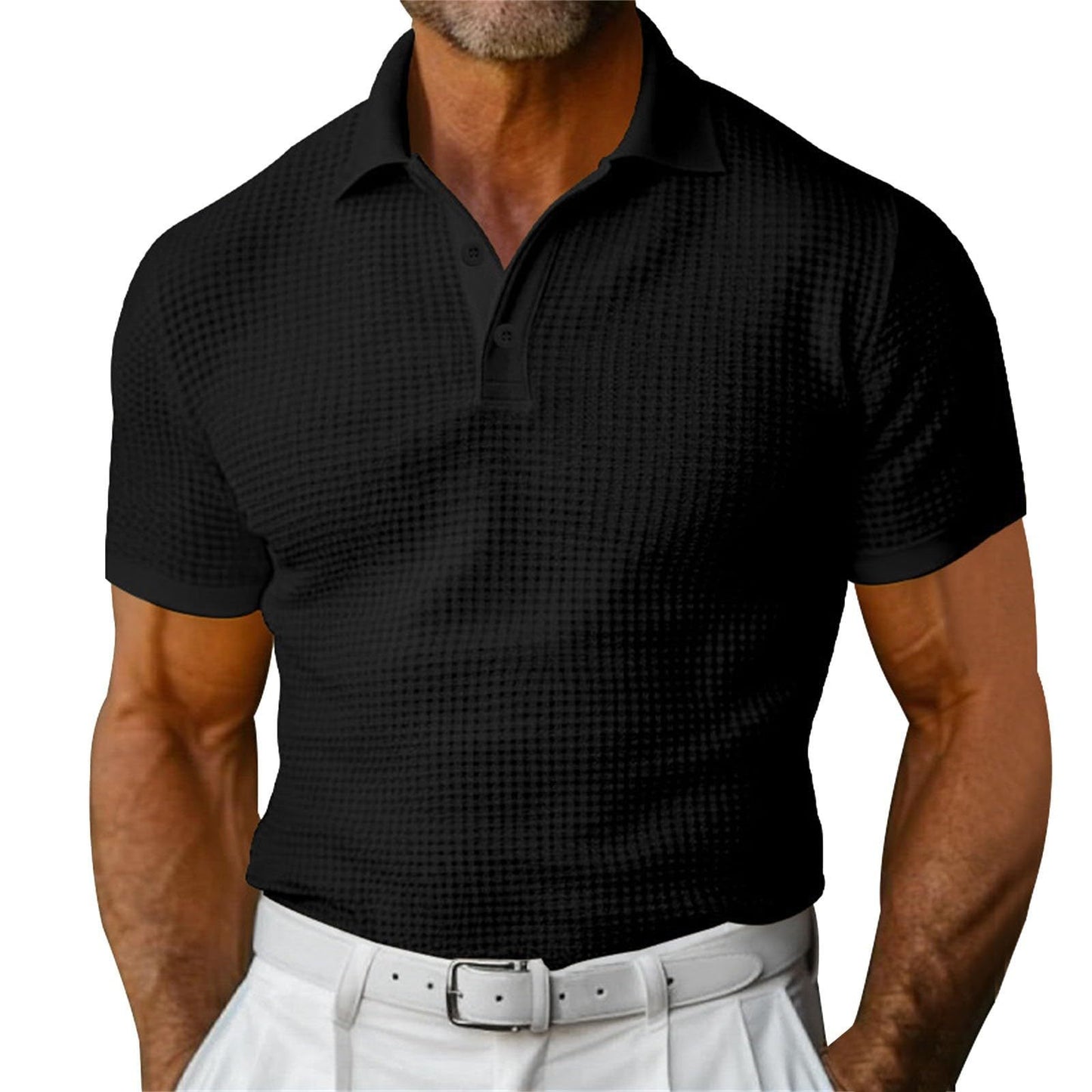 Waffle Short Sleeve Polo Shirt Men's Fashion Summer Lapel Tops