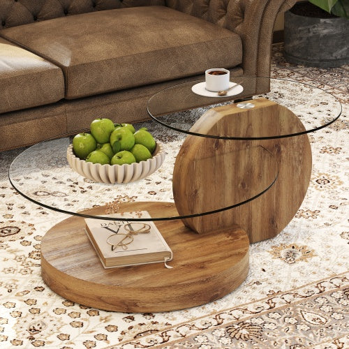 Modern And Practical Double-layer Round Table. Glass Tabletop, Wood MDF Table Legs. Suitable For Living Room and Bedroom