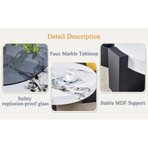 Modern Simple Double-Layer Round Coffee Table - Transparent Gray Glass Top with Black MDF L-Shaped Legs. The Detachable Design Can Make the Use of Space More Flexible