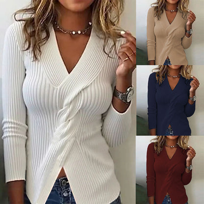 Knitwear fashion long-sleeve sweater in a solid color, perfect for women.