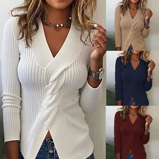 Knitwear fashion long-sleeve sweater in a solid color, perfect for women.