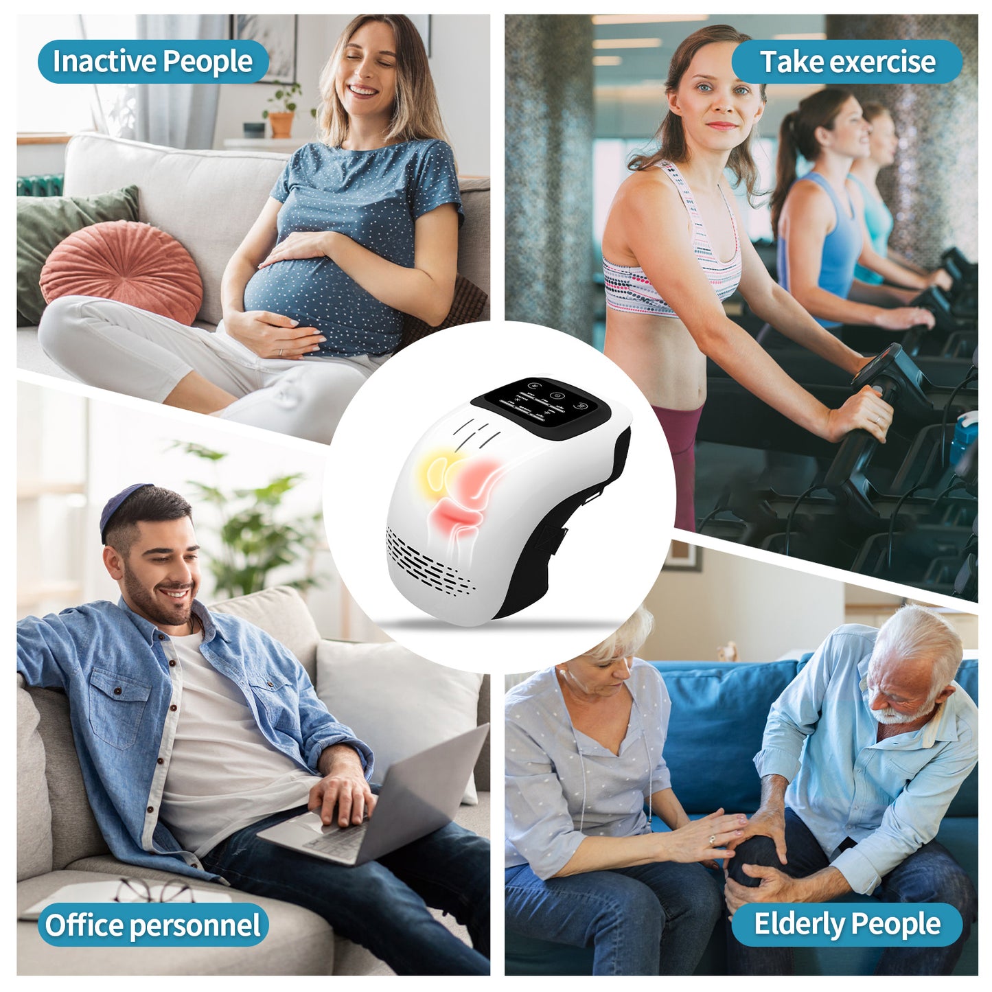 Electric Intelligent Knee Massager for Home Use, featuring kneading, heating, rechargeable pain relief, infrared laser, and vibration functions.
