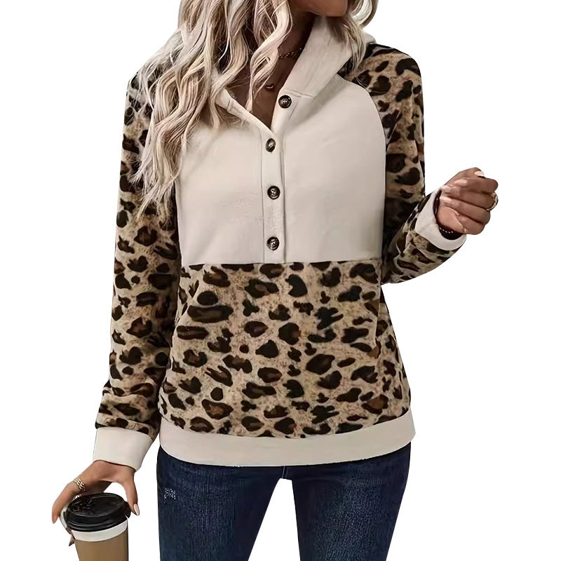 Leopard print stitched sleeves hooded long-sleeve sweatshirt.
