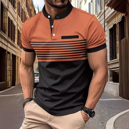 Multicolor Printed Striped Stand Collar Men's Top