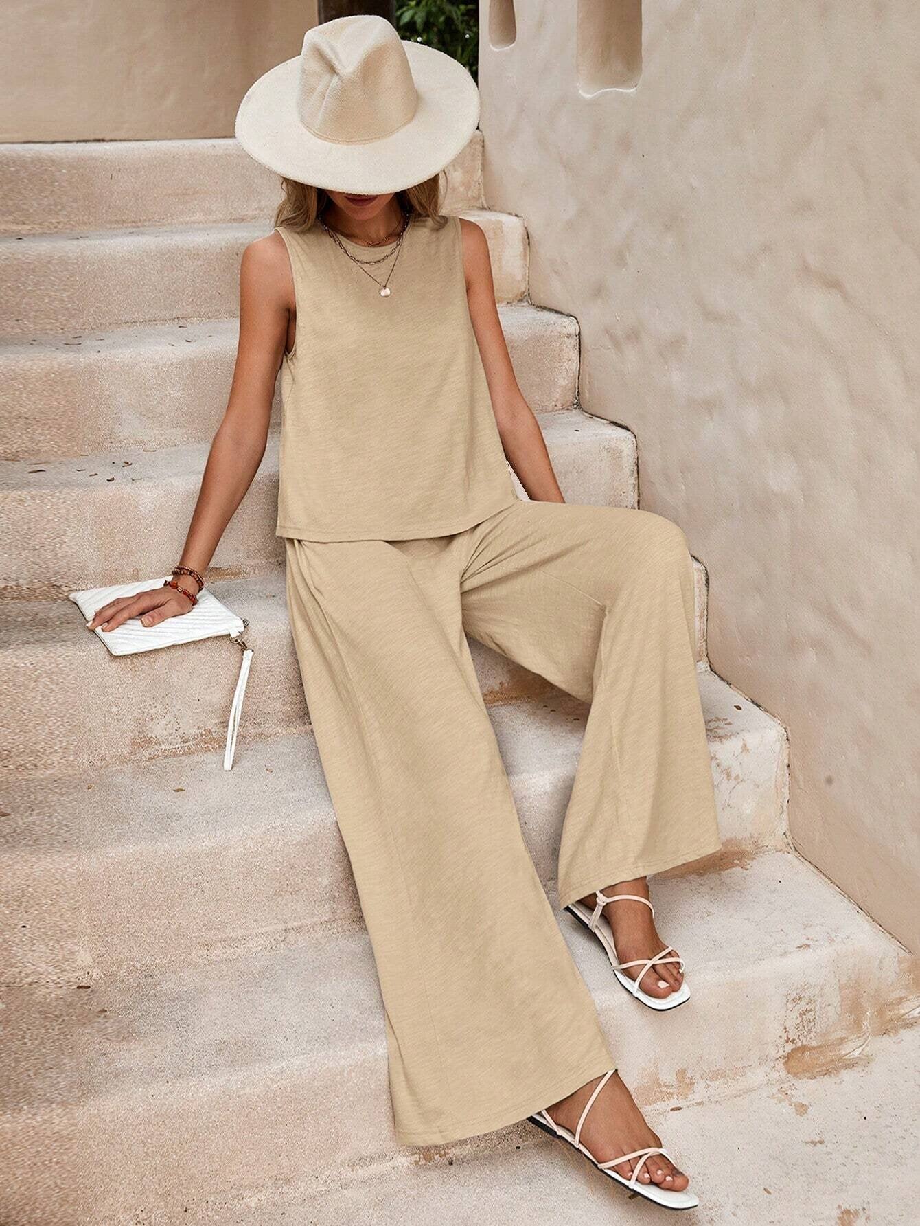 Solid Color Casual Loose Pants Sets for Women Elegant Spring Summer Women's Two Pieces Suit Full Trouser Set Female Outfit Clothes