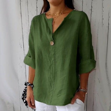V-neck long-sleeved T-shirt, fashionable loose-fit cotton and linen button-up top for women.