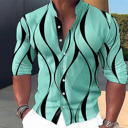 Summer New Plus Size Men's Casual Slim-Fit Fashion 3D Printed Long-Sleeve Shirt