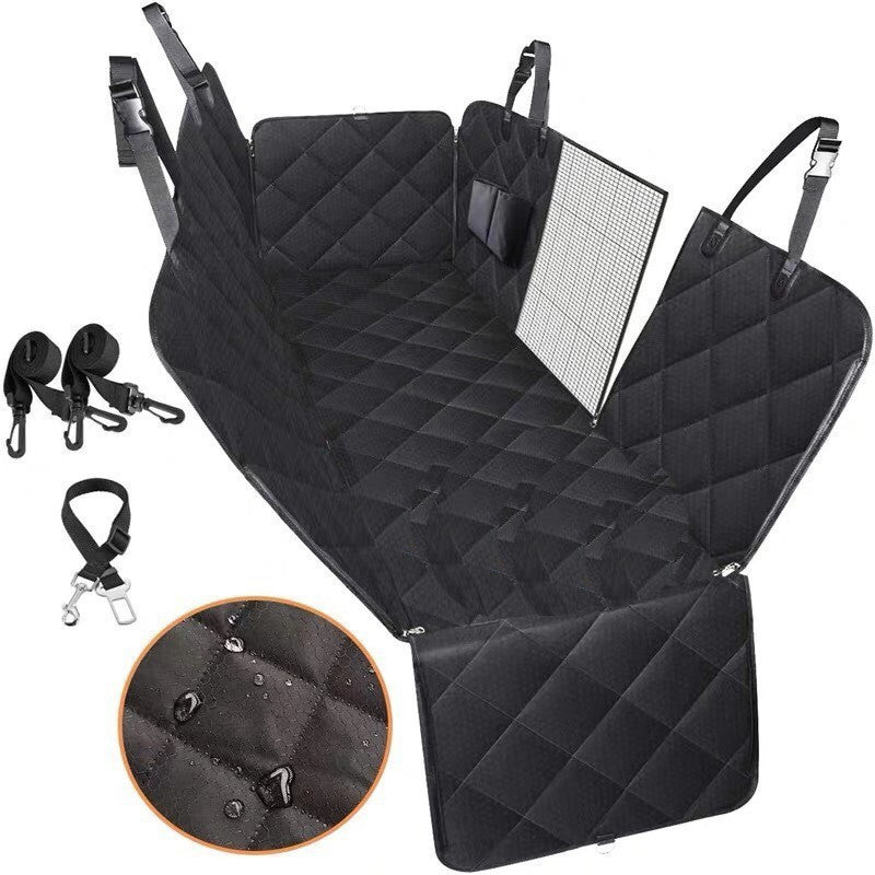 Dog car seat cover with view mesh, pet carrier hammock, safety protector, rear back seat mat featuring a zipper and pocket, perfect for travel.