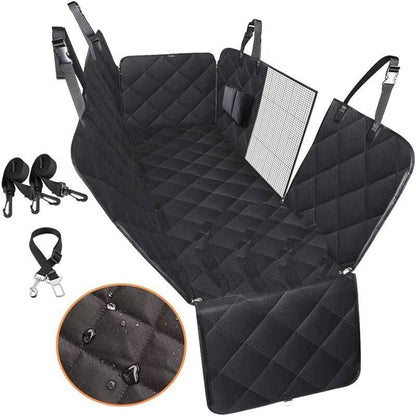 Dog car seat cover with view mesh, pet carrier hammock, safety protector, rear back seat mat featuring a zipper and pocket, perfect for travel.