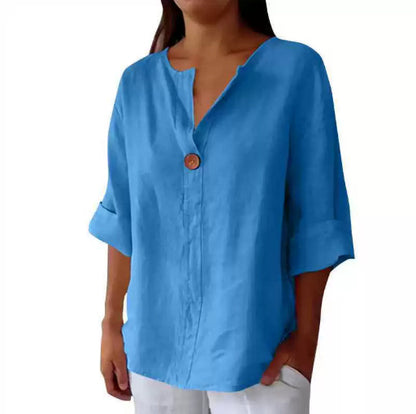 V-neck long-sleeved T-shirt, fashionable loose-fit cotton and linen button-up top for women.