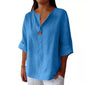 V-neck long-sleeved T-shirt, fashionable loose-fit cotton and linen button-up top for women.