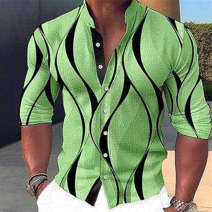 Summer New Plus Size Men's Casual Slim-Fit Fashion 3D Printed Long-Sleeve Shirt