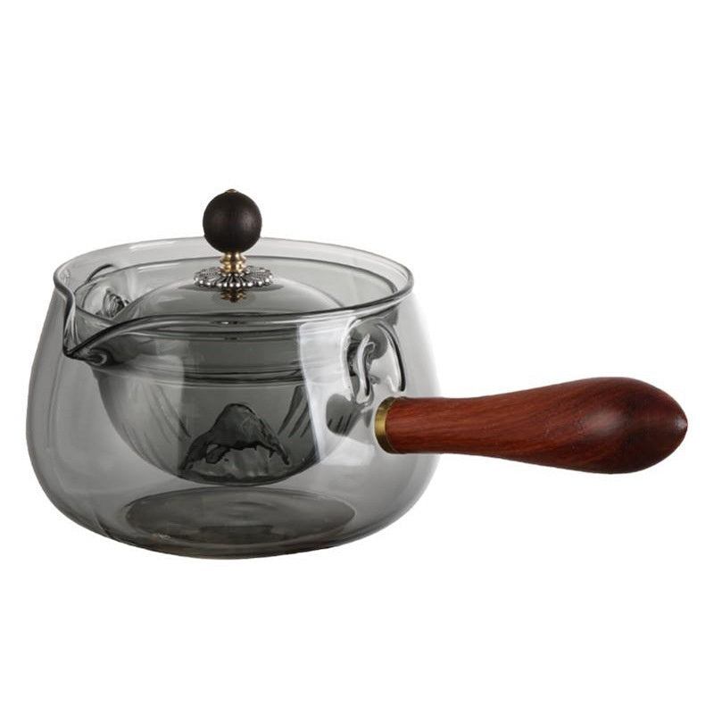 Semi-automatic rotary heat-resistant glass teapot with an infuser and wooden handle, perfect for effortless tea making. A stylish accessory for both office and home, blending functionality and elegance in your kitchen gadgets.