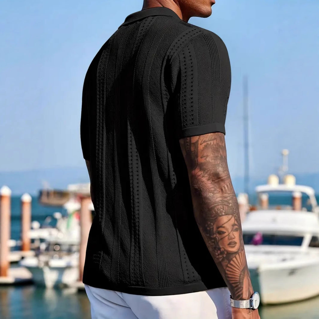 Men's Short-sleeved Knitted Cardigan, Solid Color, Breathable Design.